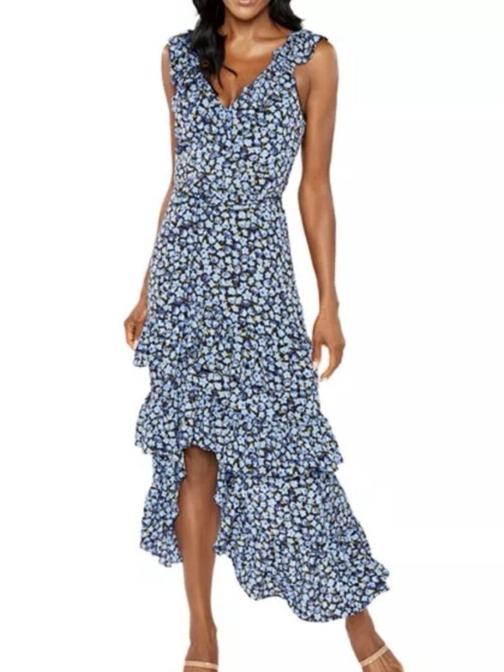 Likely Morrell Ruffled Floral Asymmetric Midi Dress Blue White Yellow Sz 6